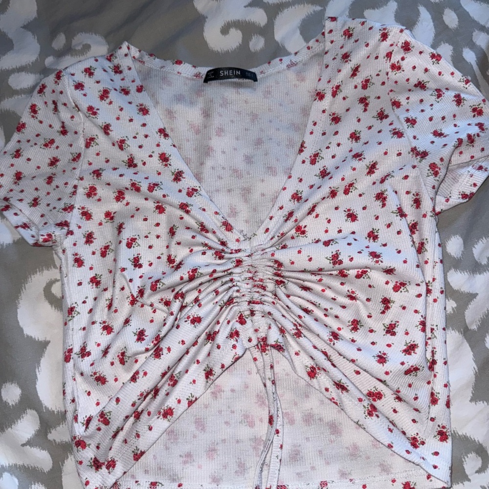 SHEIN White Ruched Tie Front Blouse